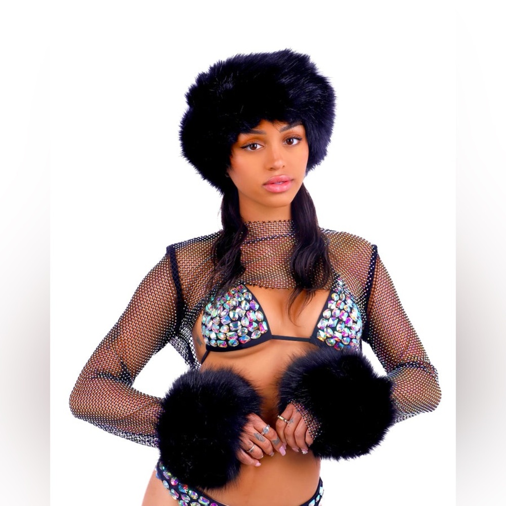 Lumi Shop Sheer Black Rhinestone Mesh Crop Top - Women's Sparkle Long Sleeve